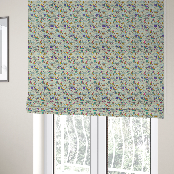 The fabric used to create these Roman blinds is a whimsical, repeating fabric pattern featuring illustrated clouds, colourful shooting stars, and twinkling stars on a light cream background.