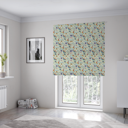 The fabric used to create these Roman blinds is a whimsical, repeating fabric pattern featuring illustrated clouds, colourful shooting stars, and twinkling stars on a light cream background.