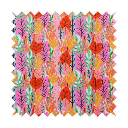 A vibrant, repeating textile pattern featuring a dense arrangement of stylized tropical leaves in saturated shades of pink, orange, yellow, and bright green against a white background.