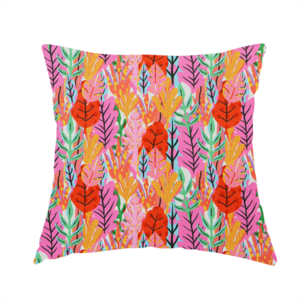 The fabric used to create this handmade cushion is a vibrant, repeating textile pattern featuring a dense arrangement of stylized tropical leaves in saturated shades of pink, orange, yellow, and bright green against a white background.