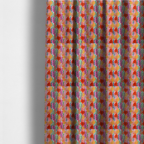 The fabric used to create these made-to-measure curtains is a vibrant, repeating textile pattern featuring a dense arrangement of stylized tropical leaves in saturated shades of pink, orange, yellow, and bright green against a white background.