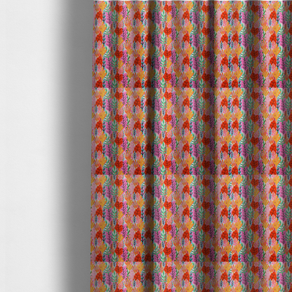 The fabric used to create these made-to-measure curtains is a vibrant, repeating textile pattern featuring a dense arrangement of stylized tropical leaves in saturated shades of pink, orange, yellow, and bright green against a white background.
