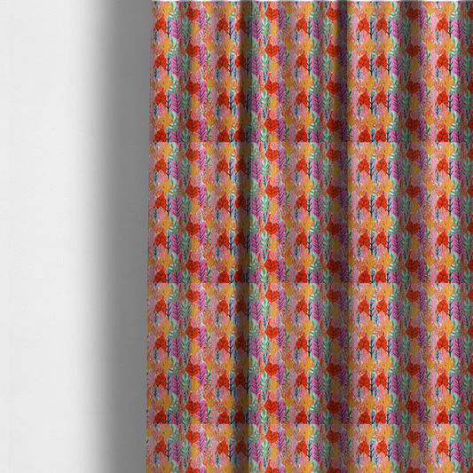The fabric used to create these made-to-measure curtains is a vibrant, repeating textile pattern featuring a dense arrangement of stylized tropical leaves in saturated shades of pink, orange, yellow, and bright green against a white background.
