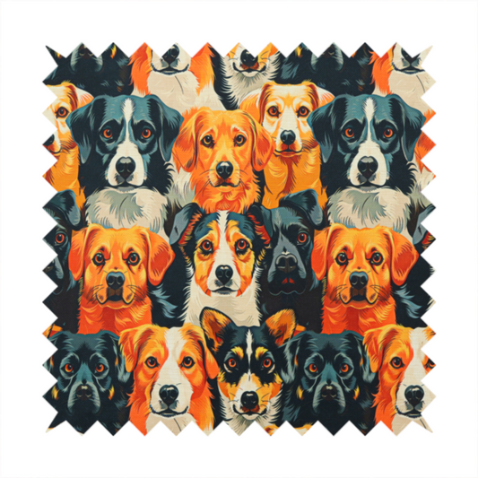 Vibrant fabric pattern featuring a dense, repeating arrangement of detailed, illustrated dog portraits of various herding breeds in bold orange, black, and cream colours.