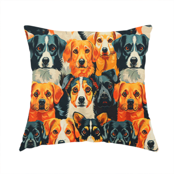 The fabric used to create this handmade cushion is a vibrant fabric pattern featuring a dense, repeating arrangement of detailed, illustrated dog portraits of various herding breeds in bold orange, black, and cream colours.