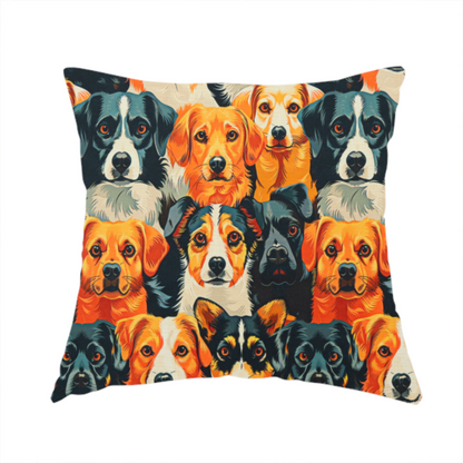 The fabric used to create this handmade cushion is a vibrant fabric pattern featuring a dense, repeating arrangement of detailed, illustrated dog portraits of various herding breeds in bold orange, black, and cream colours.