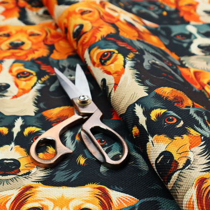 Vibrant fabric pattern featuring a dense, repeating arrangement of detailed, illustrated dog portraits of various herding breeds in bold orange, black, and cream colours.