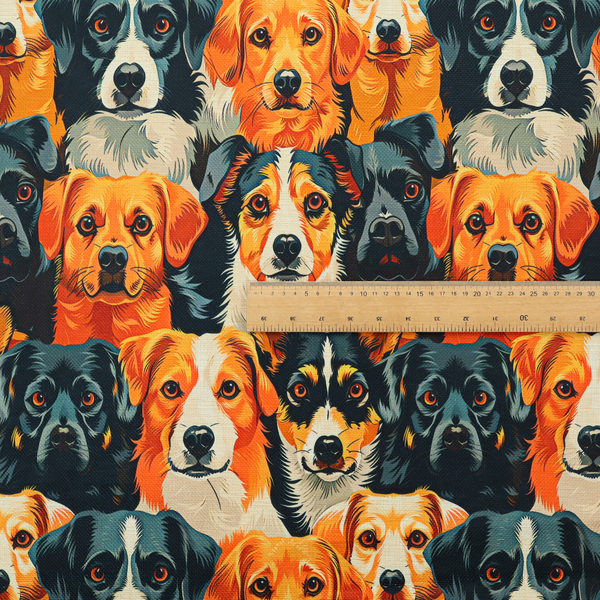 Vibrant fabric pattern featuring a dense, repeating arrangement of detailed, illustrated dog portraits of various herding breeds in bold orange, black, and cream colours.