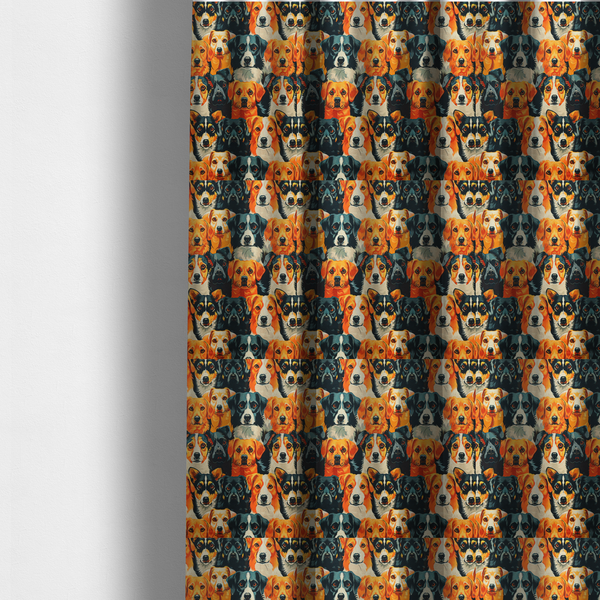 The fabric used to create these made-to-measure curtains is a vibrant fabric pattern featuring a dense, repeating arrangement of detailed, illustrated dog portraits of various herding breeds in bold orange, black, and cream colours.
