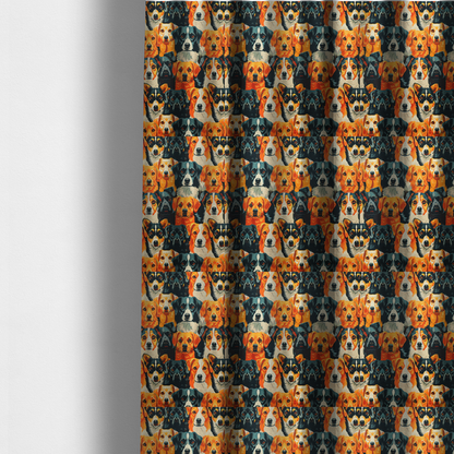 The fabric used to create these made-to-measure curtains is a vibrant fabric pattern featuring a dense, repeating arrangement of detailed, illustrated dog portraits of various herding breeds in bold orange, black, and cream colours.
