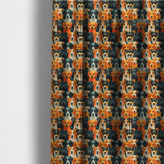 The fabric used to create these made-to-measure curtains is a vibrant fabric pattern featuring a dense, repeating arrangement of detailed, illustrated dog portraits of various herding breeds in bold orange, black, and cream colours.
