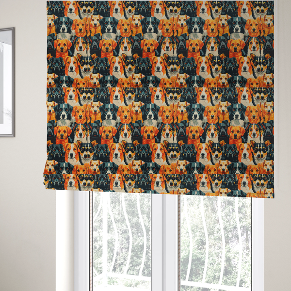 The fabric used to create these Roman blinds is a vibrant fabric pattern featuring a dense, repeating arrangement of detailed, illustrated dog portraits of various herding breeds in bold orange, black, and cream colours.