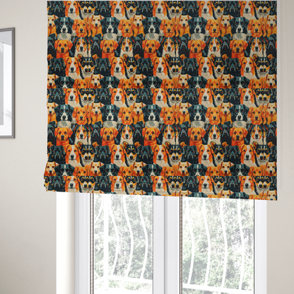 The fabric used to create these Roman blinds is a vibrant fabric pattern featuring a dense, repeating arrangement of detailed, illustrated dog portraits of various herding breeds in bold orange, black, and cream colours.