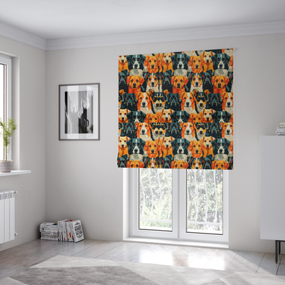 The fabric used to create these Roman blinds is a vibrant fabric pattern featuring a dense, repeating arrangement of detailed, illustrated dog portraits of various herding breeds in bold orange, black, and cream colours.