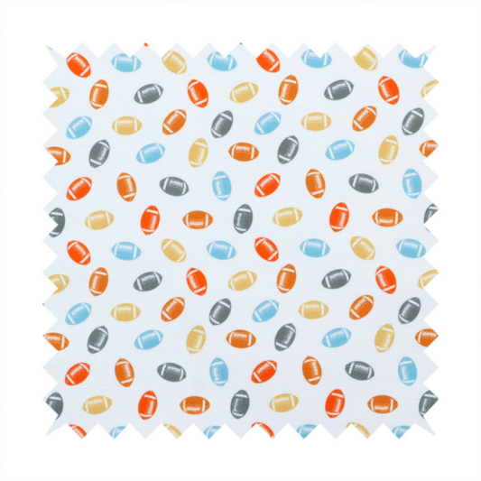 A white fabric featuring a playful, repeating pattern of small American footballs.