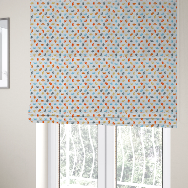 The fabric used to create these Roman blinds is a white fabric featuring a playful, repeating pattern of small American footballs.