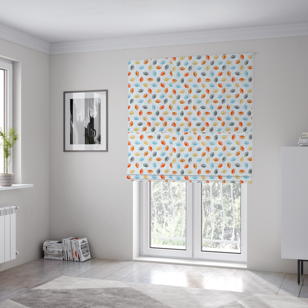 The fabric used to create these Roman blinds is a white fabric featuring a playful, repeating pattern of small American footballs.