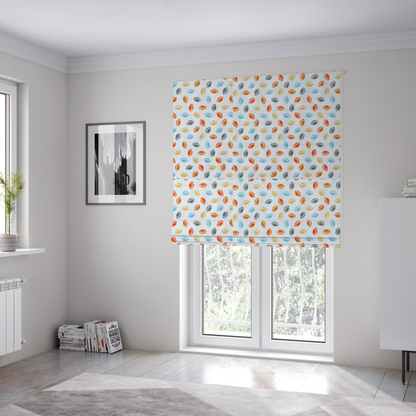 The fabric used to create these Roman blinds is a white fabric featuring a playful, repeating pattern of small American footballs.