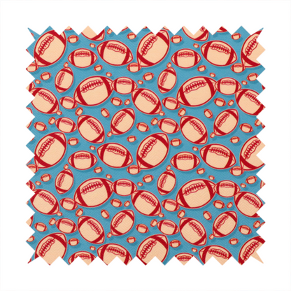 A vibrant blue fabric featuring a dense, repeating pattern of American footballs.