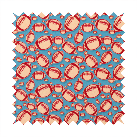 A vibrant blue fabric featuring a dense, repeating pattern of American footballs.