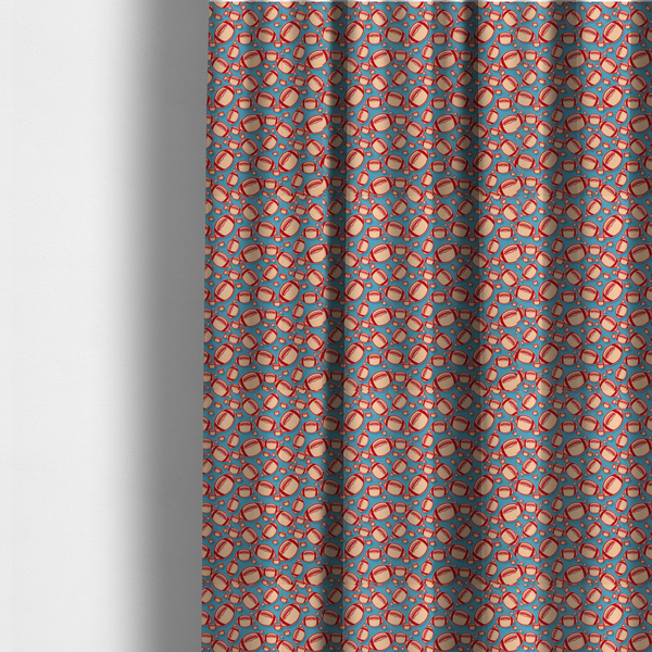 The fabric used to create these made-to-measure curtains is a vibrant blue fabric featuring a dense, repeating pattern of American footballs.