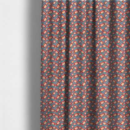 The fabric used to create these made-to-measure curtains is a vibrant blue fabric featuring a dense, repeating pattern of American footballs.