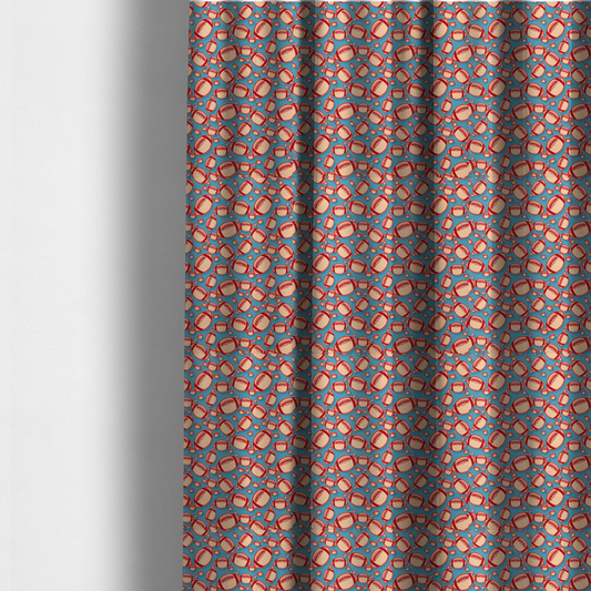 The fabric used to create these made-to-measure curtains is a vibrant blue fabric featuring a dense, repeating pattern of American footballs.