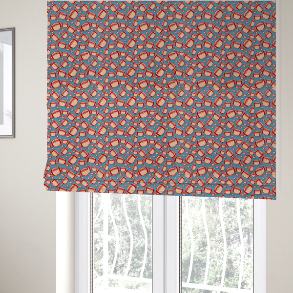 The fabric used to create these Roman blinds is a vibrant blue fabric featuring a dense, repeating pattern of American footballs.