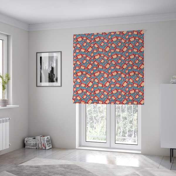 The fabric used to create these Roman blinds is a vibrant blue fabric featuring a dense, repeating pattern of American footballs.