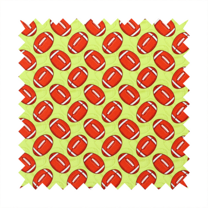 A vibrant lime green fabric featuring an orderly, repeating pattern of American footballs.