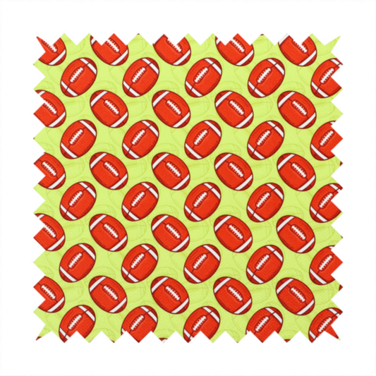 A vibrant lime green fabric featuring an orderly, repeating pattern of American footballs.