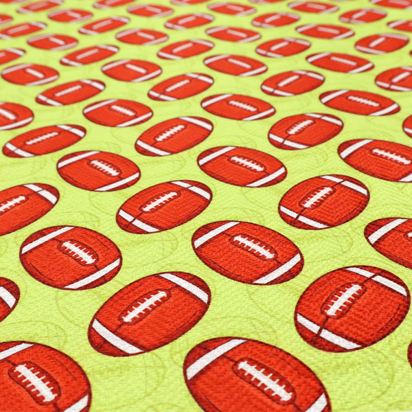 A vibrant lime green fabric featuring an orderly, repeating pattern of American footballs.