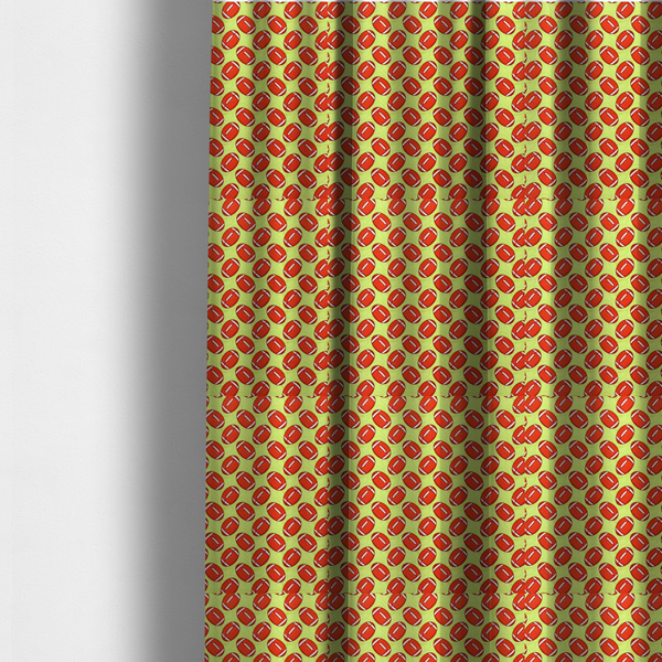The fabric used to create these made-to-measure curtains is a vibrant lime green fabric featuring an orderly, repeating pattern of American footballs.