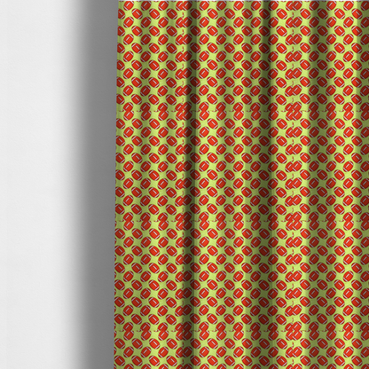 The fabric used to create these made-to-measure curtains is a vibrant lime green fabric featuring an orderly, repeating pattern of American footballs.