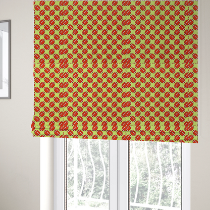 The fabric used to create these Roman blinds is a vibrant lime green fabric featuring an orderly, repeating pattern of American footballs.