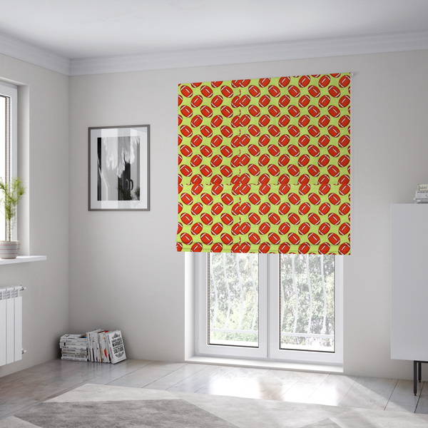The fabric used to create these Roman blinds is a vibrant lime green fabric featuring an orderly, repeating pattern of American footballs.
