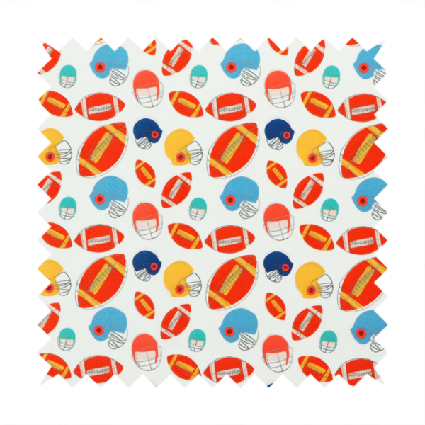 A clean white fabric featuring a playful, repeating pattern of American footballs and helmets.