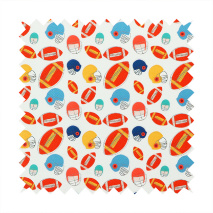 A clean white fabric featuring a playful, repeating pattern of American footballs and helmets.