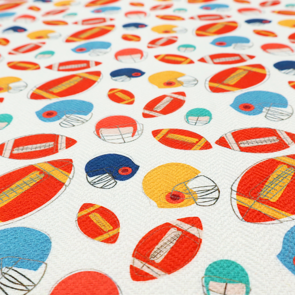 A clean white fabric featuring a playful, repeating pattern of American footballs and helmets.