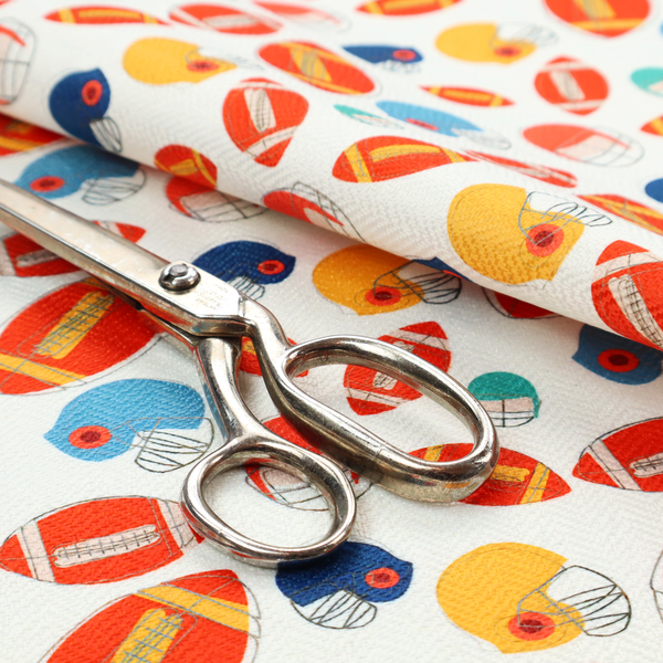 A clean white fabric featuring a playful, repeating pattern of American footballs and helmets.