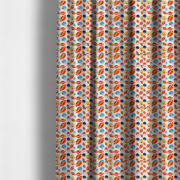 The fabric used to create these made-to-measure curtains is a clean white fabric featuring a playful, repeating pattern of American footballs and helmets.