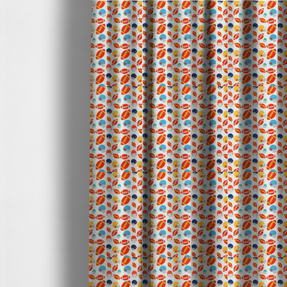 The fabric used to create these made-to-measure curtains is a clean white fabric featuring a playful, repeating pattern of American footballs and helmets.