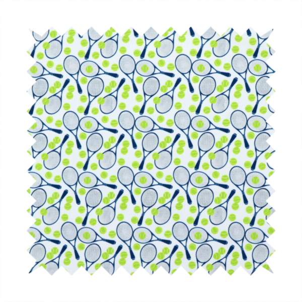 A white fabric featuring a vibrant, repeating pattern of tennis rackets and tennis balls.