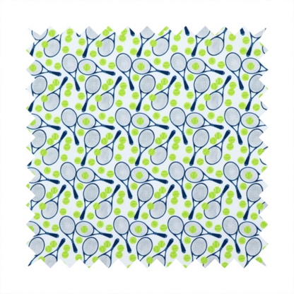 A white fabric featuring a vibrant, repeating pattern of tennis rackets and tennis balls.