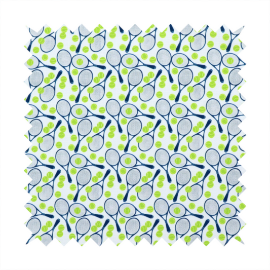 A white fabric featuring a vibrant, repeating pattern of tennis rackets and tennis balls.