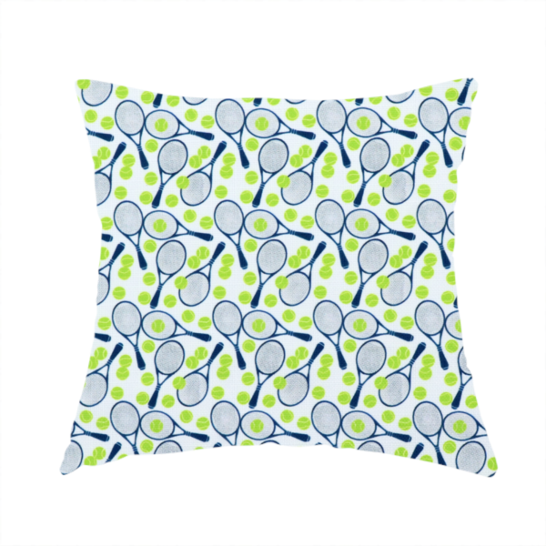 The fabric used to create these handmade cushions is a white fabric featuring a vibrant, repeating pattern of tennis rackets and tennis balls.