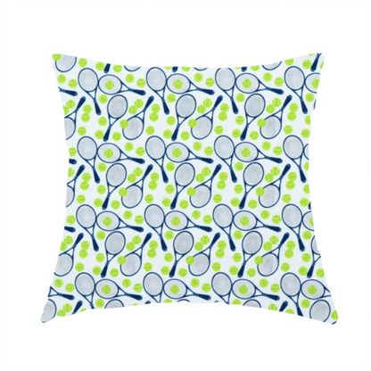 The fabric used to create these handmade cushions is a white fabric featuring a vibrant, repeating pattern of tennis rackets and tennis balls.