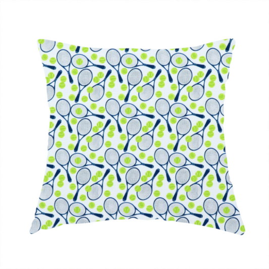 The fabric used to create these handmade cushions is a white fabric featuring a vibrant, repeating pattern of tennis rackets and tennis balls.