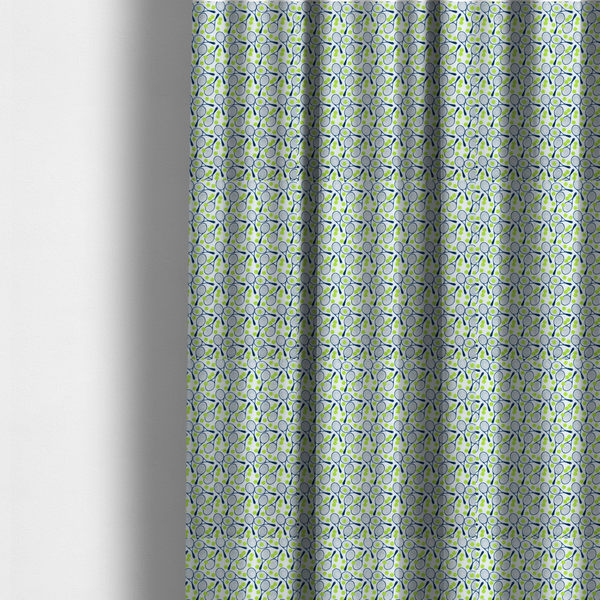 The fabric used to create these made-to-measure curtains is a white fabric featuring a vibrant, repeating pattern of tennis rackets and tennis balls.