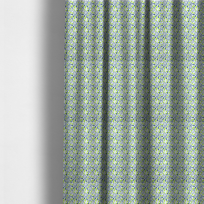 The fabric used to create these made-to-measure curtains is a white fabric featuring a vibrant, repeating pattern of tennis rackets and tennis balls.